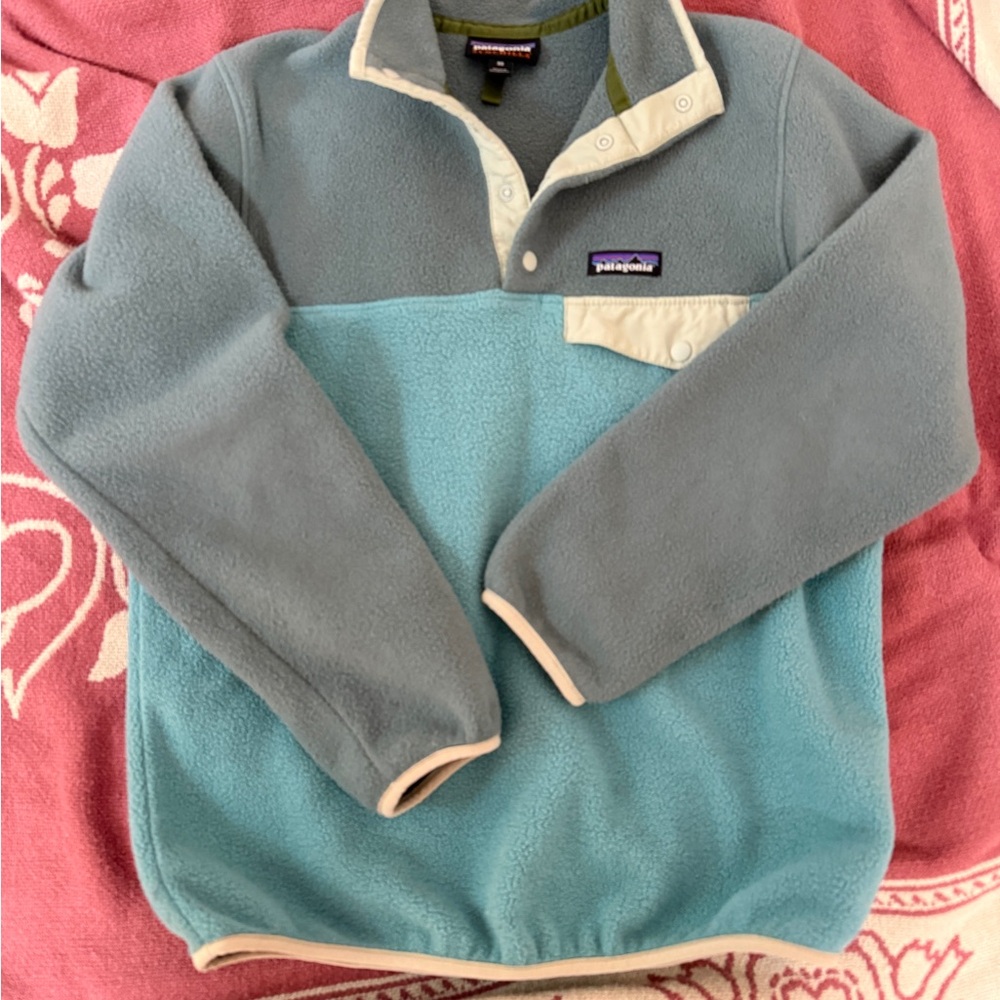 Patagonia women’s Two-Tone Blue and gray/green Synchilla Fleece Pullover